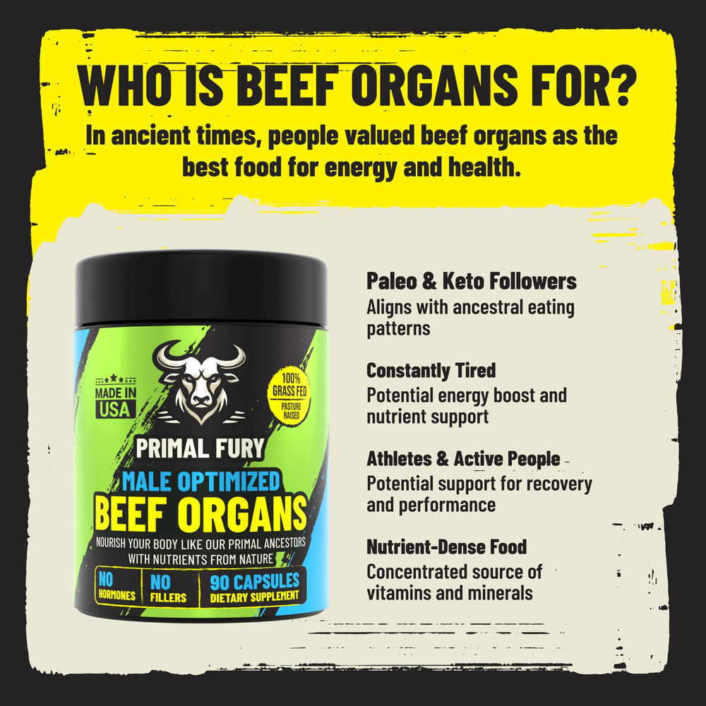 PRIMAL FURY blend featuring testicle, prostate, liver, and bone marrow for masculine vitality