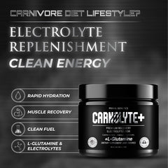 PRIMAL GENETICS Carnolyte+ glass of clear liquid and measurement marks.