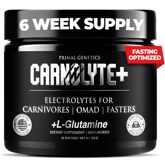 PRIMAL GENETICS Carnolyte+ powder with scoop ready to mix for hydration.