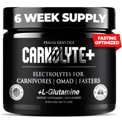 PRIMAL GENETICS Carnolyte+ powder with scoop ready to mix for hydration.