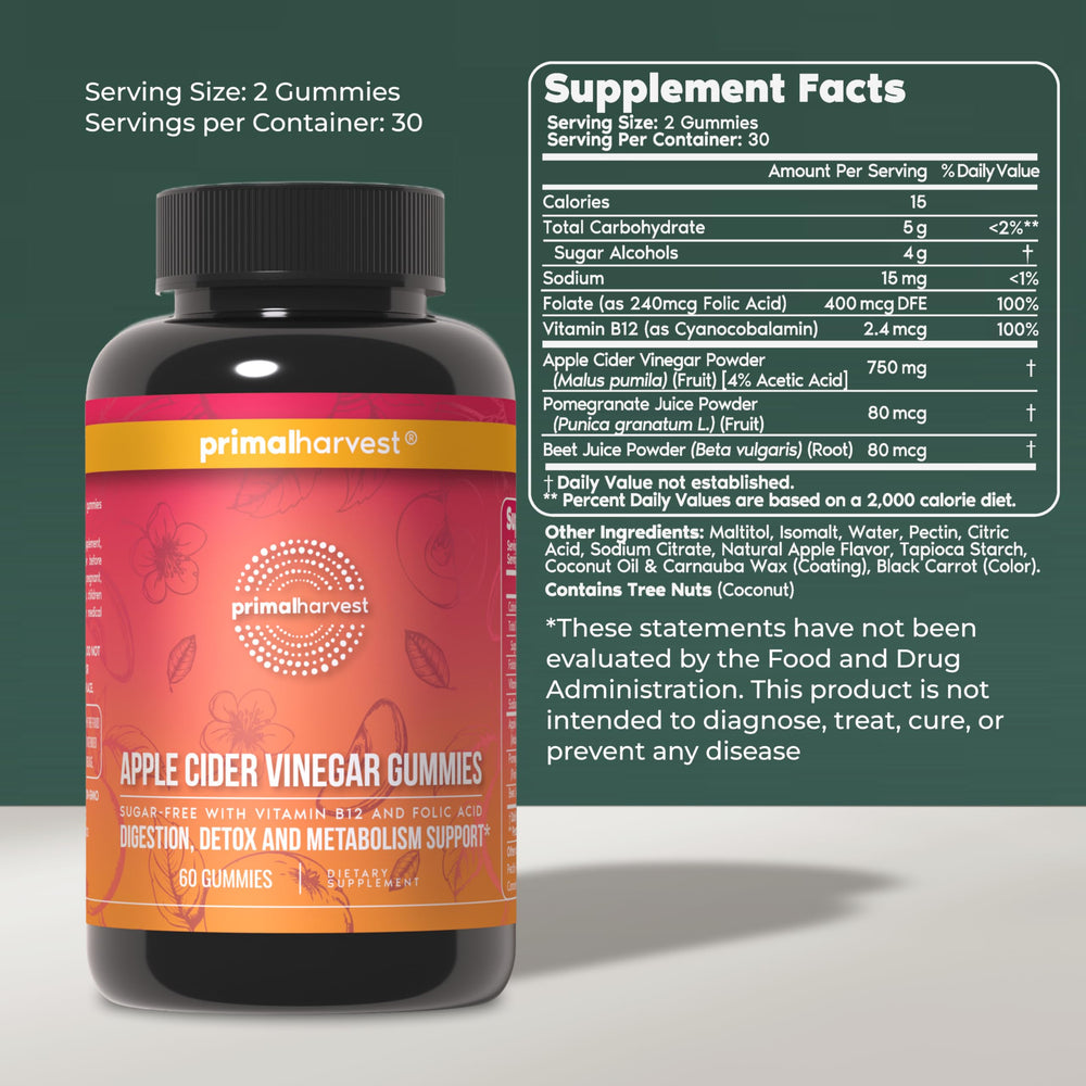 Primal Harvest ACV Gummies showing beetroot powder for digestion comfort