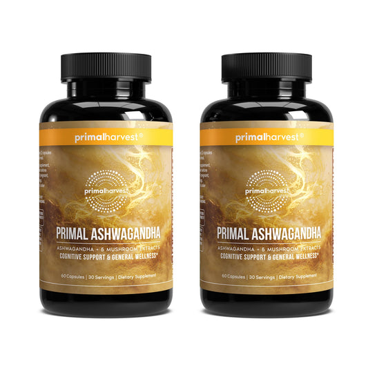 Primal Harvest Ashwagandha Mushrooms bottle for daily wellness and focus
