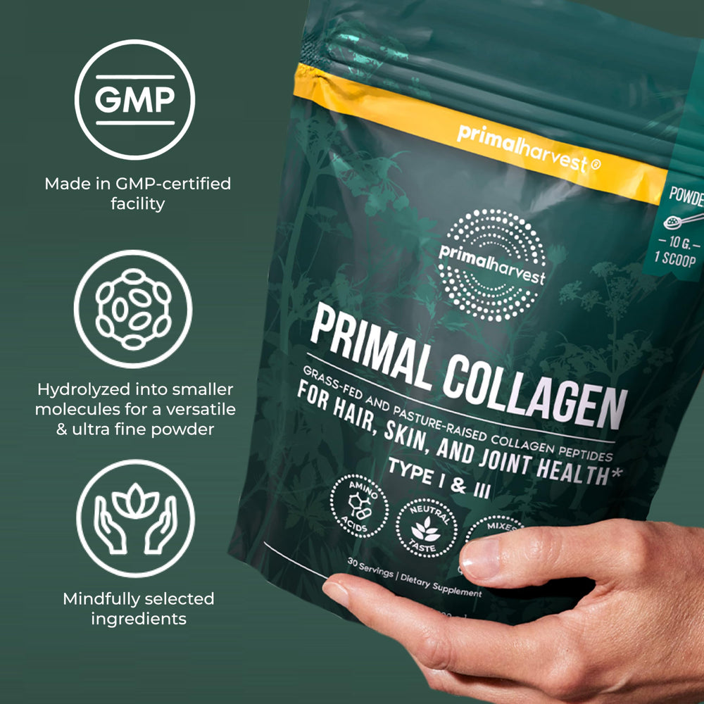 Primal Harvest collagen ingredients closeup showing complete amino acid profile for hair and nails.