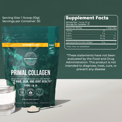 Primal Harvest Collagen Powder bottle back showing ingredients and purity