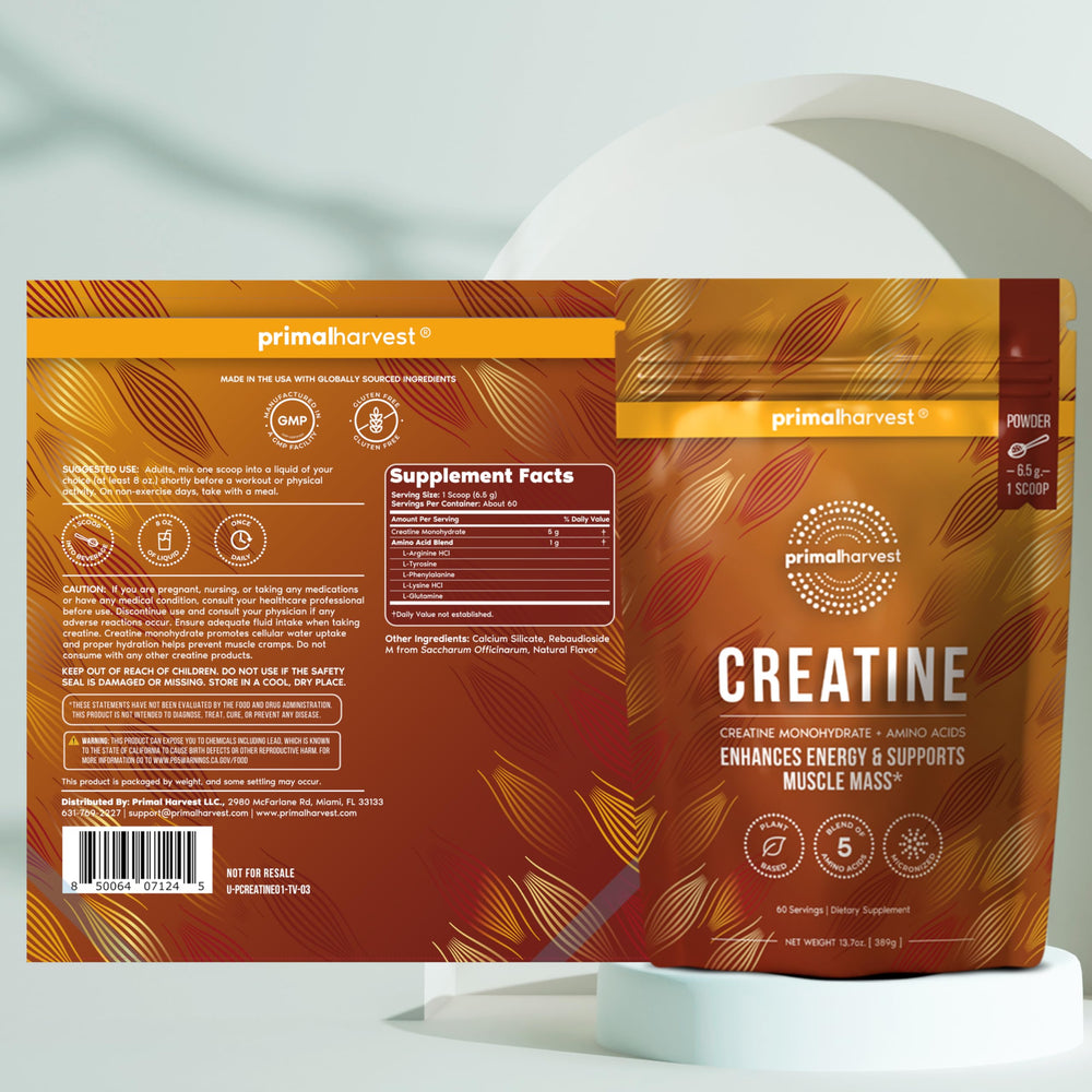 Primal Harvest Creatine Powder in cup blends well with juice or smoothies for recovery.