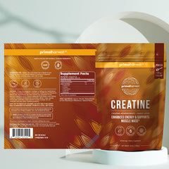 Primal Harvest Creatine Powder in cup blends well with juice or smoothies for recovery.