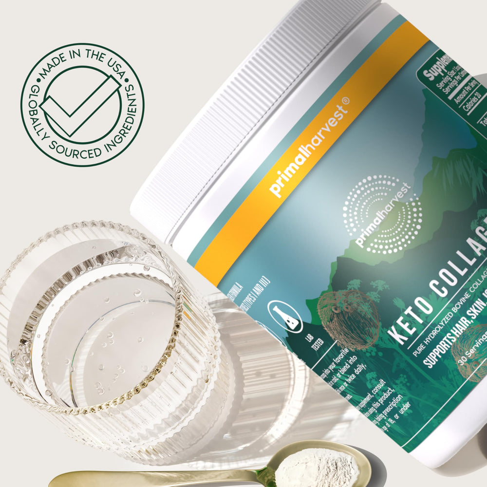 Primal Harvest Keto Collagen ingredients highlight hydrolyzed peptides and MCT oil.