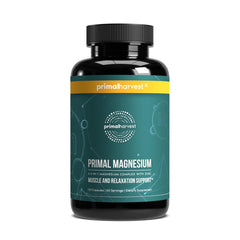 Primal Harvest magnesium supplement bottle on a counter suggests daily support for muscle function and energy.