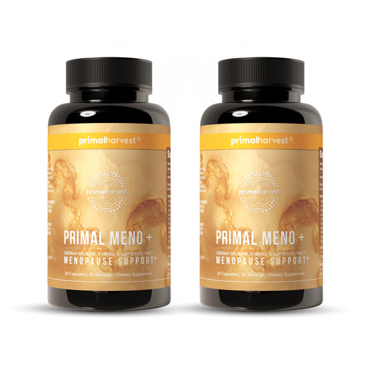 Primal Harvest Meno+ bottle front promotes daily menopause support and well-being
