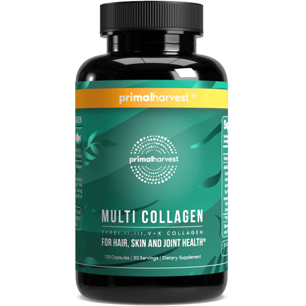 Primal Harvest multi collagen bottle showing capsules for hair, skin and nails support