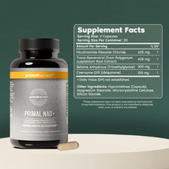 Primal Harvest NAD+ bottle label close-up showing NR and CoQ10 ingredients