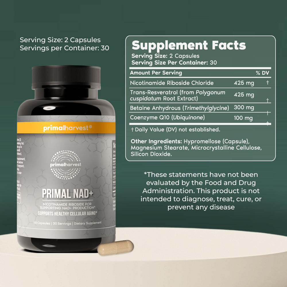 Primal Harvest NAD+ Plus capsules resting on a white surface for everyday energy support.