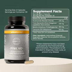 Primal Harvest NAD+ Plus capsules resting on a white surface for everyday energy support.