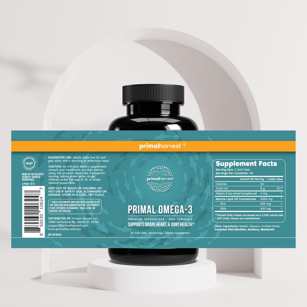 Two softgels daily dosage for convenience with Primal Harvest Omega-3