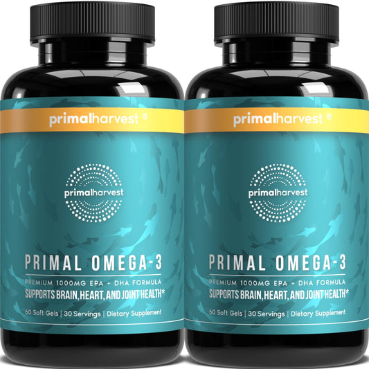 Primal Harvest Omega-3 softgel bottle for daily use