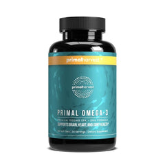 Primal Harvest Omega-3 softgel bottle shows high EPA and DHA for daily wellness.