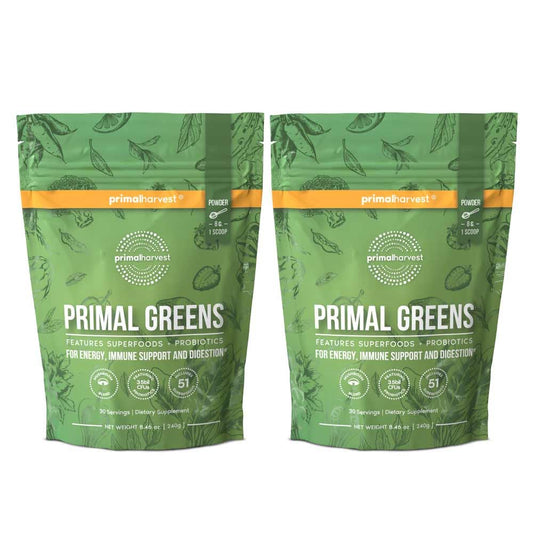 Primal Harvest Primal Greens powder tub for easy daily nutrition and energy support.