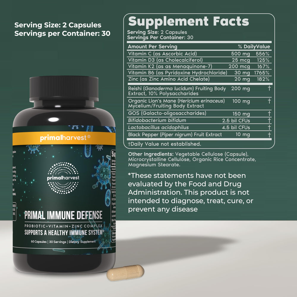 Primal Immune Defense capsules closeup highlighting probiotic blend and essential vitamins