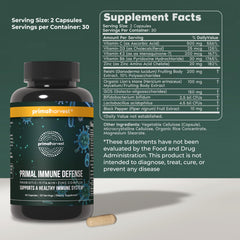 Primal Immune Defense capsules closeup highlighting probiotic blend and essential vitamins