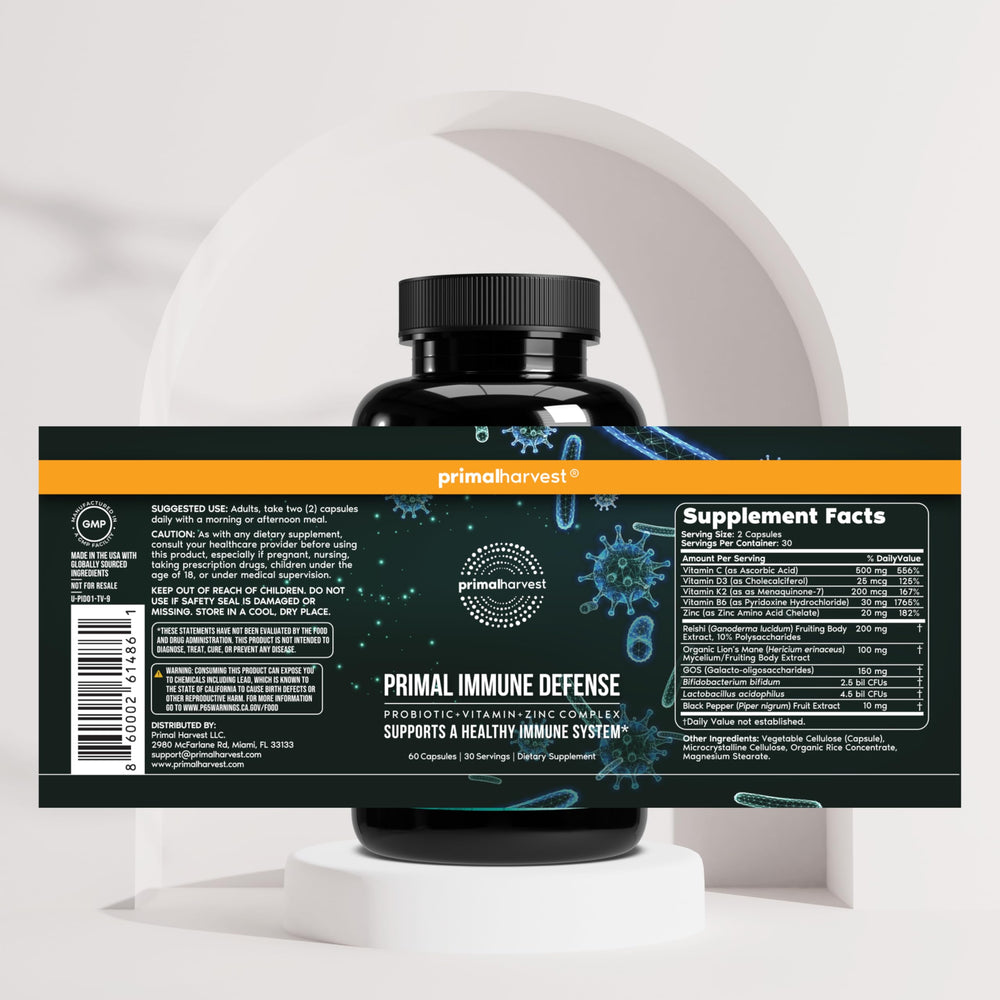 Primal Harvest vitamins and minerals section highlighting Vitamin C 500 mg