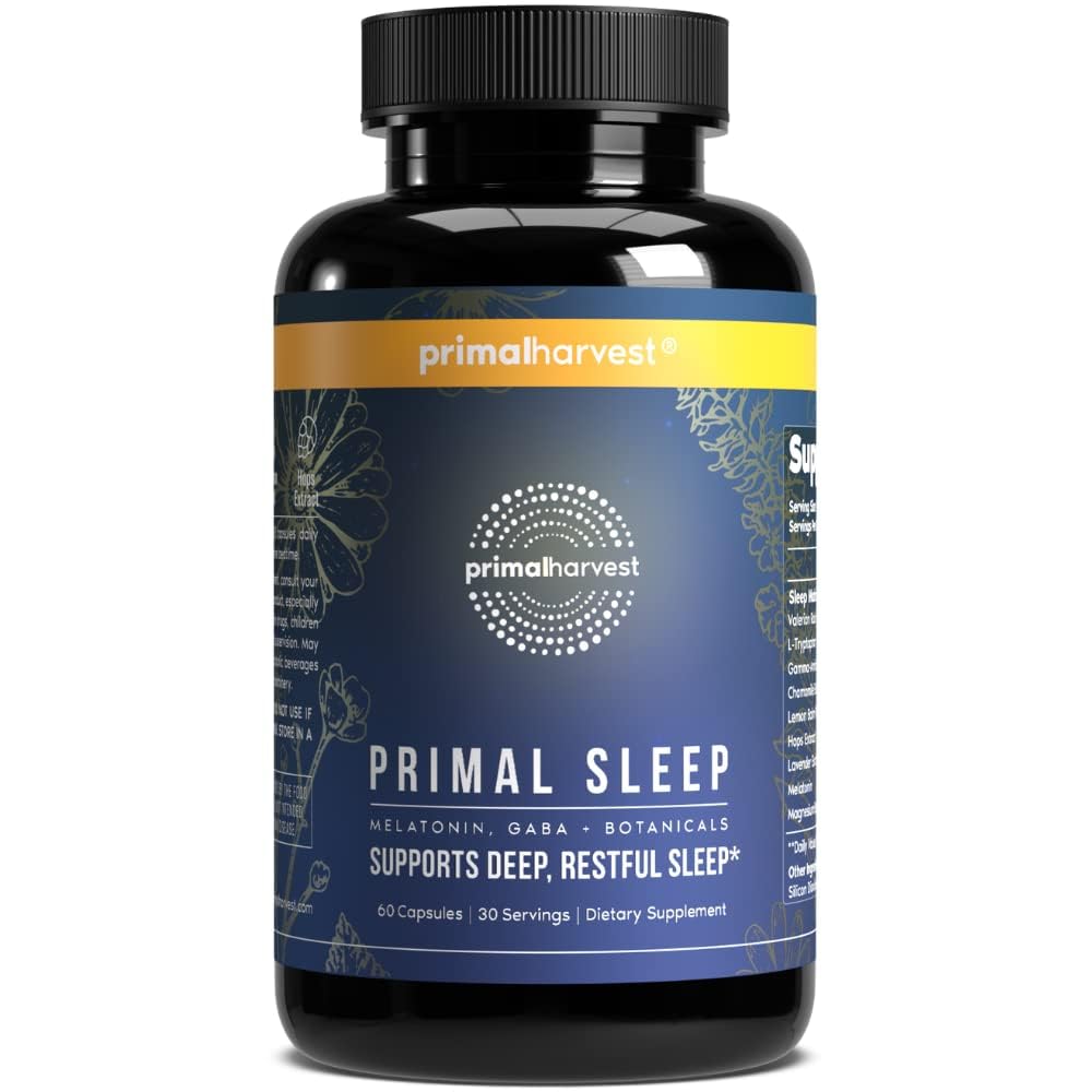 Primal Harvest Primal Sleep bottle on a nightstand supports a calming bedtime routine.