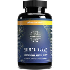 Primal Harvest Primal Sleep bottle on a nightstand supports a calming bedtime routine.