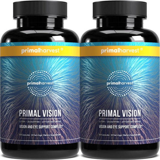 Primal Harvest Primal Vision bottle close-up showing the eye health formula for daily routines.