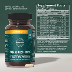 Primal Harvest Probiotics bottle label highlights potency and prebiotic blend for balance.