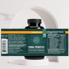 Primal Harvest Probiotics packaging display communicates value of 2-pack shelf-stable bottles.