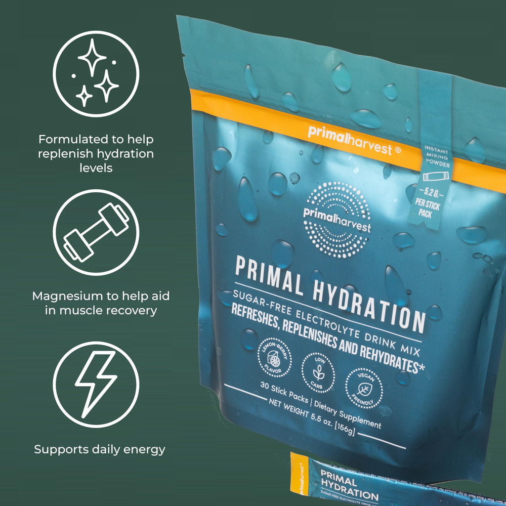 Easy-open Primal Harvest packet designed for quick hydration