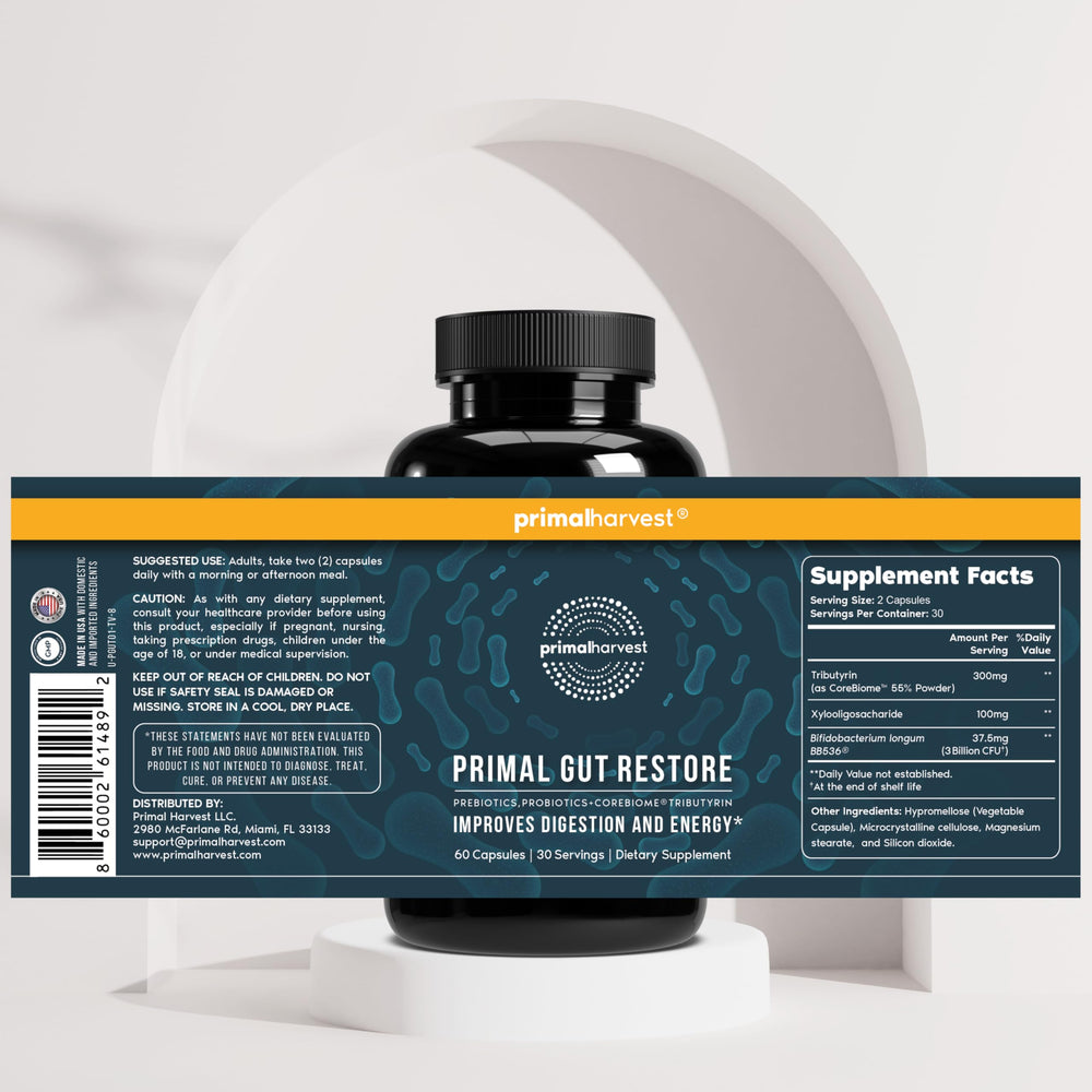 Primal Harvest Restore bottle on table in a home setting