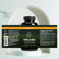 Primal Harvest Sea Moss Chlorella display emphasizes nutrient-dense greens.