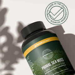 Primal Harvest Sea Moss nutrition facts panel showcases vitamins and minerals.