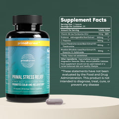 Primal Harvest Stress Relief capsules closeup highlighting easy, daily intake.
