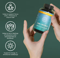 Primal Harvest Stress Relief daily-use scene with water emphasizes consistency.