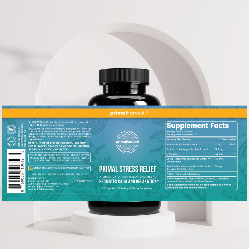 Primal Harvest Stress Relief packaged box suggests a complete wellness routine.
