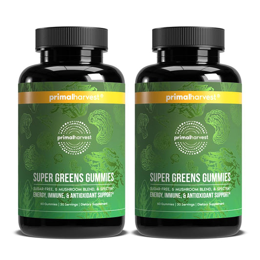 Primal Harvest Super Greens Gummies in a berry bottle for daily energy support.
