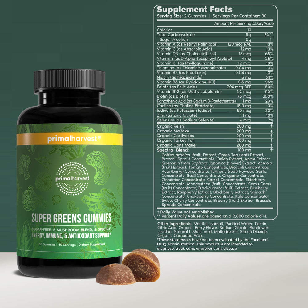 Primal Harvest Super Greens Gummies close-up show chewy texture and berry flavor for daily greens.