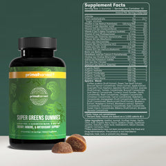 Primal Harvest Super Greens Gummies ingredients panel highlighting greens and mushrooms