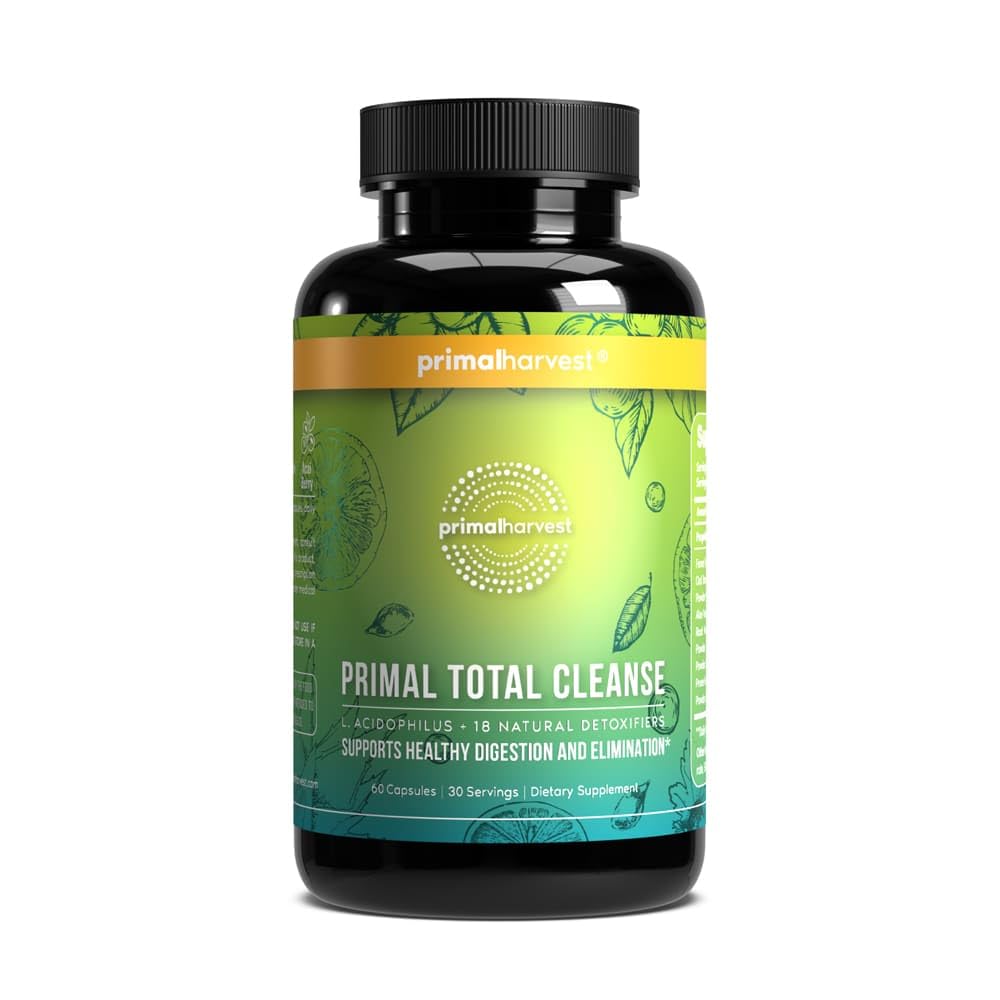 Primal Harvest Total Cleanse bottle pour shows a gentle detox and digestion focus.