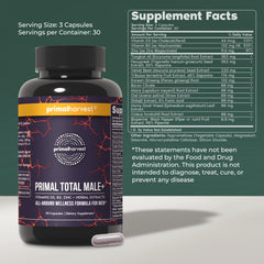 Primal Harvest Total Male+ bottle back view with ingredient outline