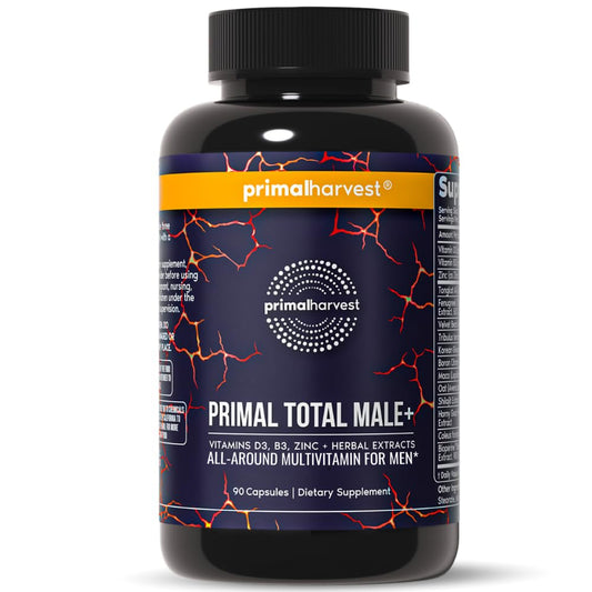 Primal Harvest Total Male+ bottle front view for energy and vitality support