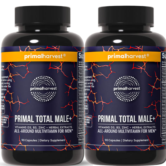 Primal Harvest Total Male+ bottle front displays energy and vitality focus