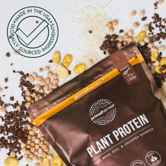 Primal Harvest vegan chocolate protein powder close-up, gluten-free and soy-free protein option.