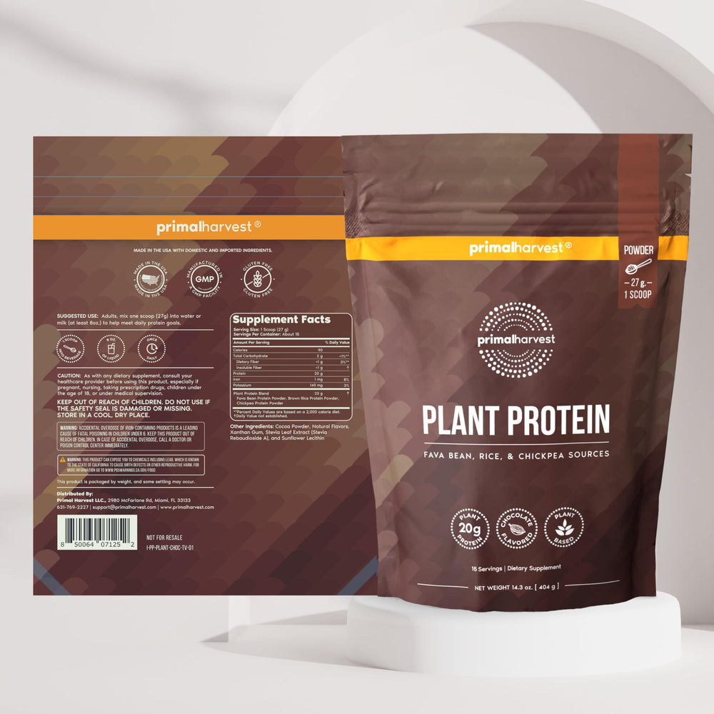 Primal Harvest vegan chocolate protein powder in glass with milk, for smooth shakes.