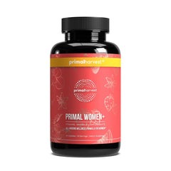 Primal Harvest Women+ bottle in focus for daily energy and overall wellness.