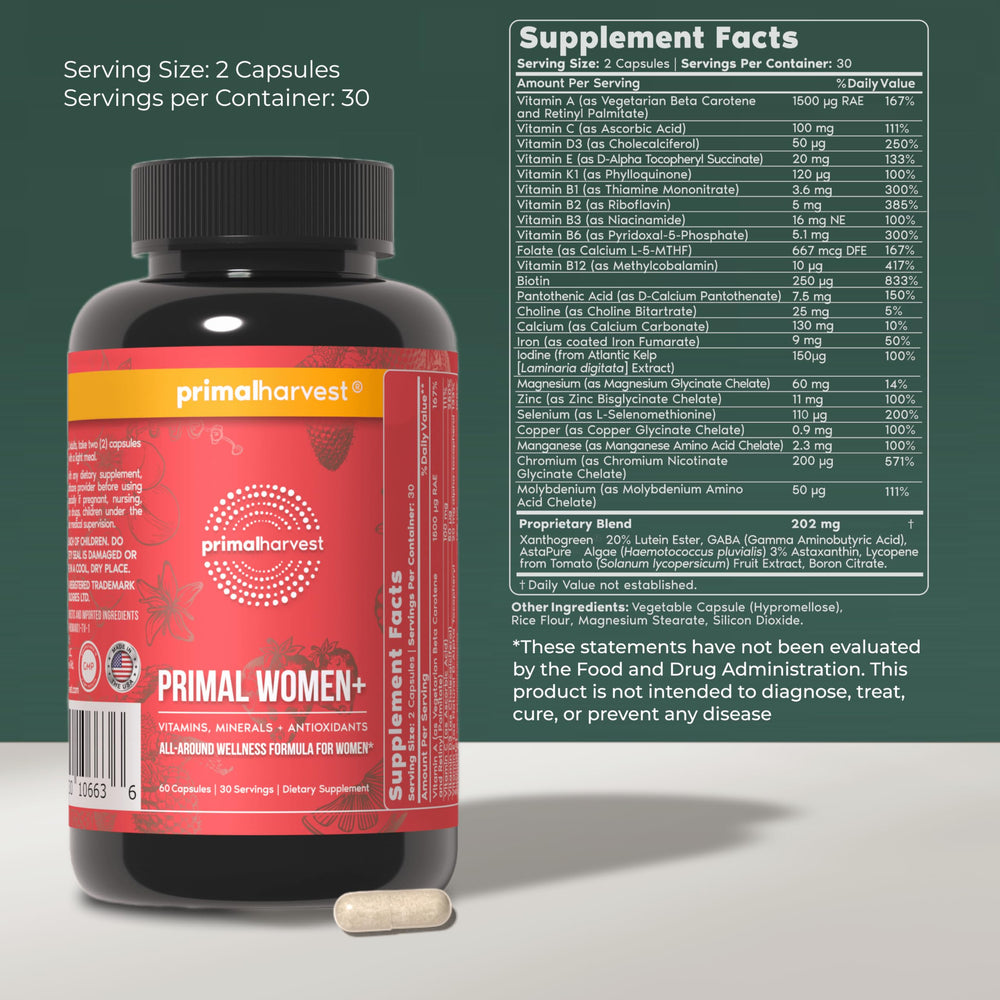 Primal Harvest Women+ capsules ready for everyday immune support.