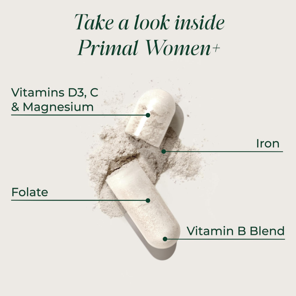 Primal Harvest Women+ label close-up highlighting vitamin blends.