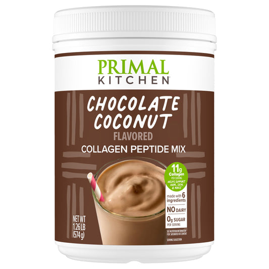 Primal Kitchen Chocolate Collagen Fuel tub with scoop for daily protein support.