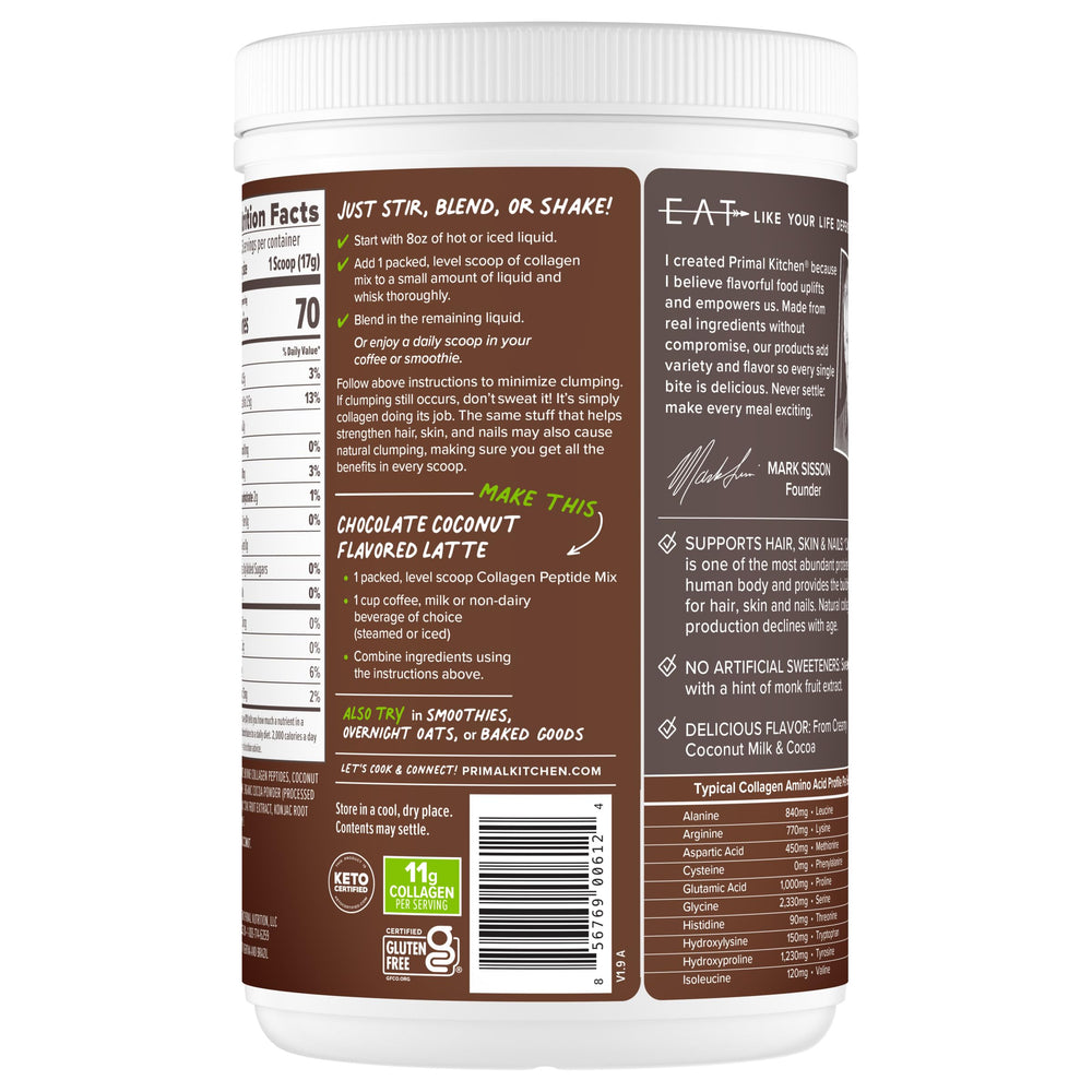Pouring Primal Kitchen Collagen Fuel Chocolate Coconut into coffee to enhance flavor